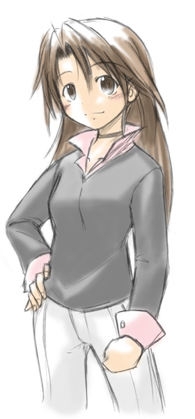 dreamy noise, ikune juugo, 1girl, brown eyes, brown hair, collared shirt, female focus, hand on own hip, long sleeves, looking at viewer, pants, shirt, simple background, solo, white background