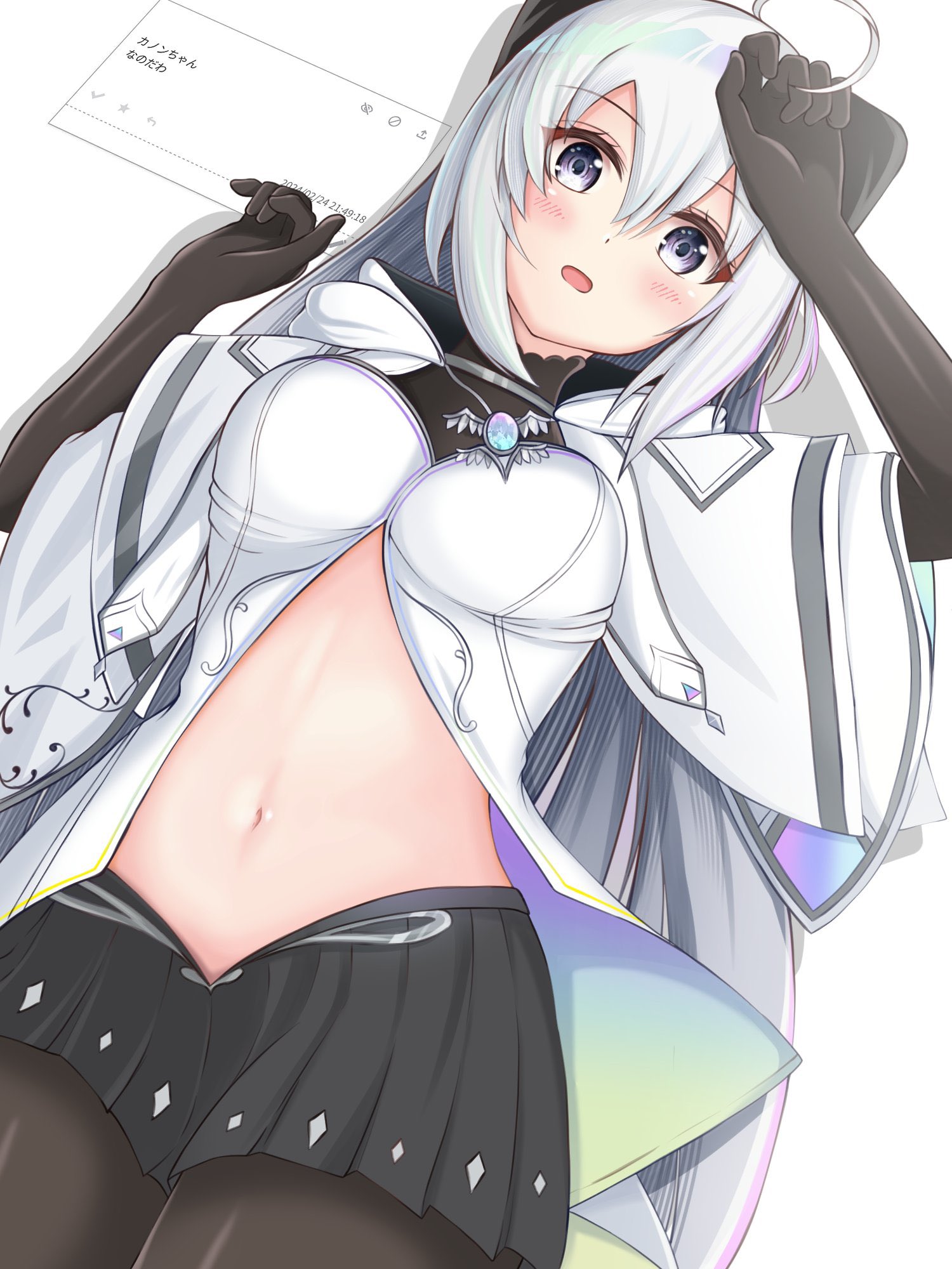 koorizatou82, kanon (duel masters), duel masters, duel masters play's, highres, 1girl, ahoge, black bow, black gloves, black pantyhose, blush, bow, breasts, clothing cutout, dress, elbow gloves, gloves, grey eyes, grey hair, hair bow, long hair, looking at viewer, medium breasts, navel, navel cutout, nervous sweating, open mouth, pantyhose, skirt, sweat