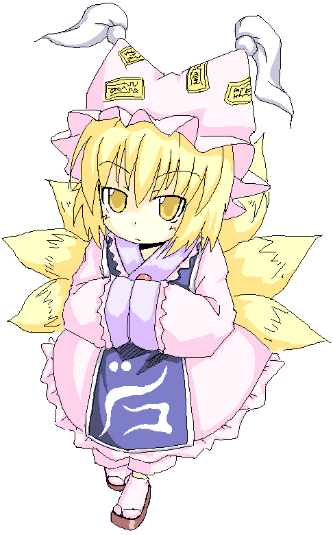 dreamy noise, ikune juugo, yakumo ran, touhou, 1girl, animal hat, blonde hair, female focus, hands in opposite sleeves, hat, long sleeves, looking at viewer, mob cap, multiple tails, oekaki, sandals, short hair, socks, solo, tabard, tail, white background, wide sleeves, yellow eyes, zouri