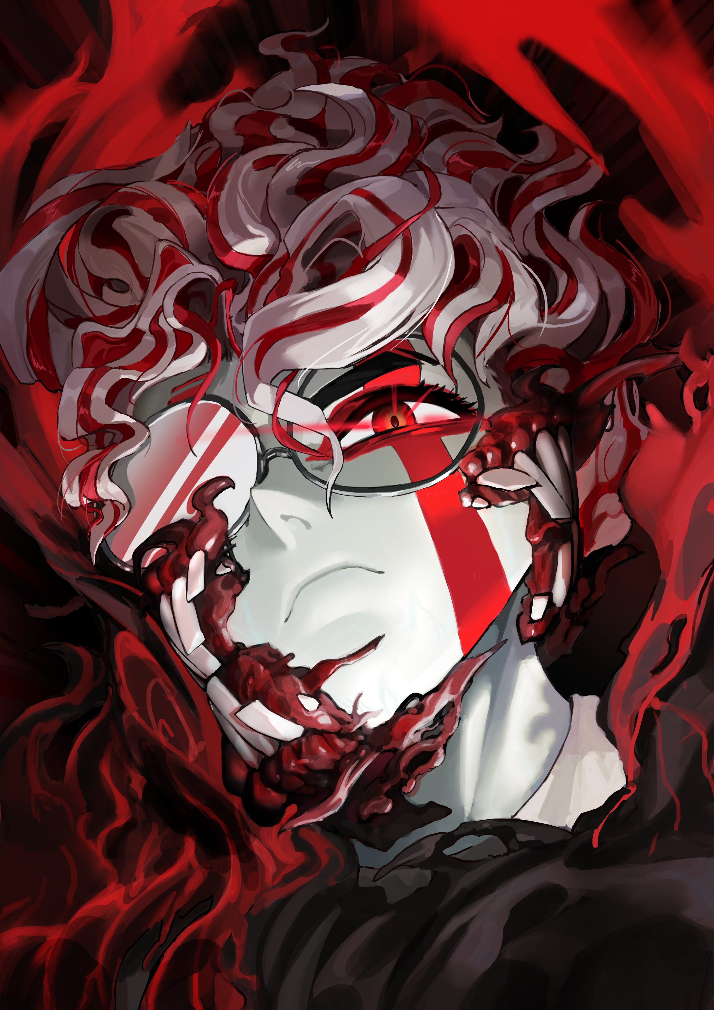 1272049523, takakura ken (dandadan), takakura ken (transformed) (dandadan), dandadan, absurdres, commentary, highres, 1boy, closed mouth, colored skin, facial mark, glasses, grey skin, looking at viewer, male focus, multicolored hair, red eyes, red hair, round eyewear, solo, transformation, two-tone hair, upper body, white hair