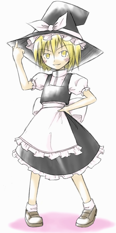 dreamy noise, ikune juugo, kirisame marisa, touhou, eyebrows, 1girl, alternate hair length, alternate hairstyle, apron, black hat, black skirt, black vest, blonde hair, blush, bow, brown shoes, female focus, frilled apron, frilled sleeves, frills, full body, hair between eyes, hand on own hip, hat, hat bow, hat ribbon, index finger raised, legs apart, looking at viewer, pointing, pointing up, puffy short sleeves, puffy sleeves, ribbon, shirt, shoes, short hair, short sleeves, skirt, smile, socks, solo, standing, vest, waist apron, white apron, white bow, white ribbon, white shirt, white socks, witch hat, yellow eyes