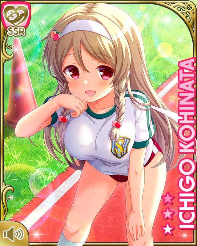 qp:flapper, kohinata ichigo, girlfriend (kari), white legwear, official art, tagme, 1girl, :d, blonde hair, breasts, bucket, buruma, card, character name, hair ornament, hairclip, hand on own knee, long hair, open mouth, outdoors, red buruma, red eyes, school uniform, shirt, smile, socks, standing, white shirt