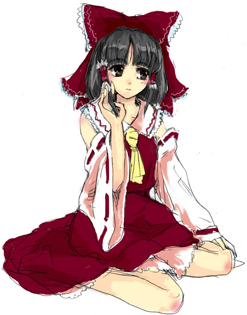 nanami sano, hakurei reimu, imperishable night, touhou, 1girl, ascot, blunt bangs, bow, brown eyes, brown hair, detached sleeves, dress, female focus, full body, hair bow, long sleeves, red bow, red dress, simple background, sitting, sketch, solo, wariza, white background, wide sleeves