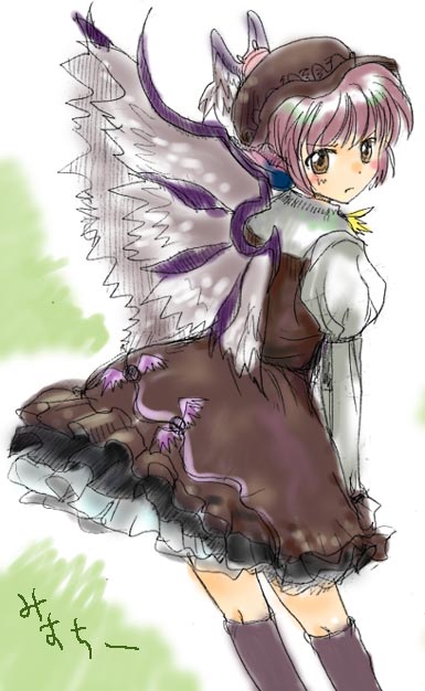 nanami sano, mystia lorelei, touhou, 1girl, angry, blush, female focus, looking back, solo, wings
