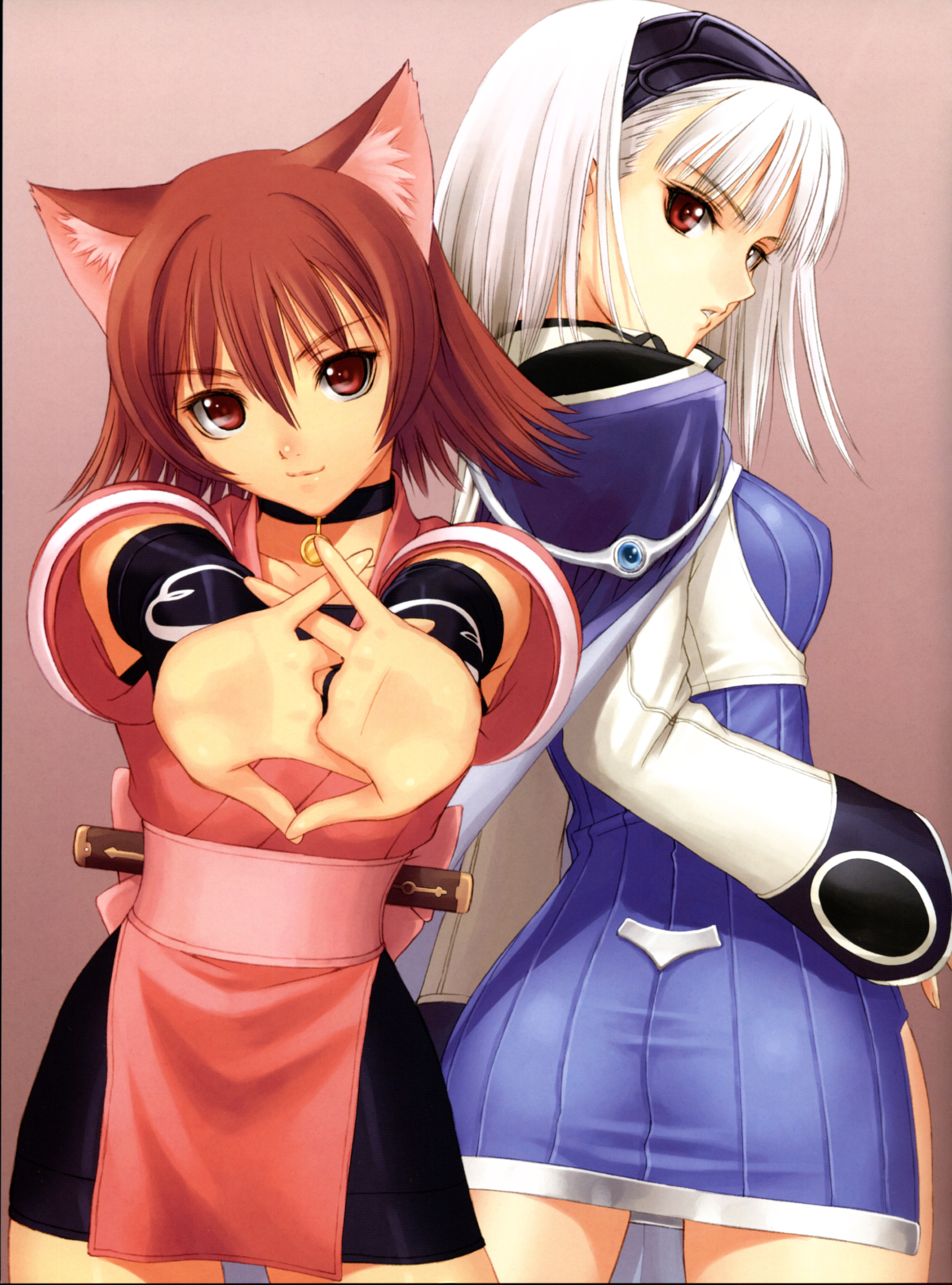 tony taka, blanc neige, mao (shining tears), sega, shining (series), shining tears, absurdres, highres, official art, scan, 2girls, albino, animal ears, ass, blue skirt, bow, breasts, bridal gauntlets, cape, cat ears, choker, covered erect nipples, cowboy shot, dress, flipped hair, from behind, gem, gradient background, hair between eyes, hairband, head tilt, high collar, interlocked fingers, japanese clothes, jewelry, kimono, light smile, long sleeves, looking at viewer, looking back, multiple girls, ninja, obi, outstretched arms, parted lips, pendant, red eyes, red hair, ribbed dress, sash, sheath, sheathed, short dress, short hair, short kimono, side slit, skirt, sleeves past wrists, small breasts, standing, taut clothes, taut dress, white hair, wide sleeves
