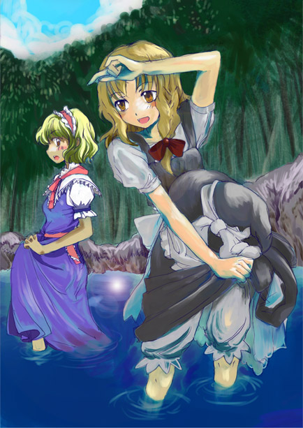 nanami sano, alice margatroid, kirisame marisa, touhou, 2girls, :d, apron, black hat, black skirt, black vest, blonde hair, bloomers, blue dress, blush, bow, braid, brown eyes, capelet, day, dress, female focus, forest, glowing, hair bow, hairband, hat, hat bow, hat ribbon, long hair, multiple girls, nature, no headwear, open mouth, orange eyes, outdoors, profile, puffy short sleeves, puffy sleeves, red bow, ribbon, river, sash, shading eyes, shirt, short hair, short sleeves, single braid, skirt, skirt hold, sky, smile, standing, tree, underwear, unworn hat, unworn headwear, vest, wading, waist apron, water, white apron, white bloomers, white bow, white ribbon, white shirt, witch hat