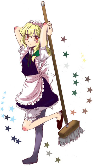 nanami sano, kirisame marisa, touhou, 1girl, broom, dress, female focus, full body, maid, mop, solo, underwear, white background