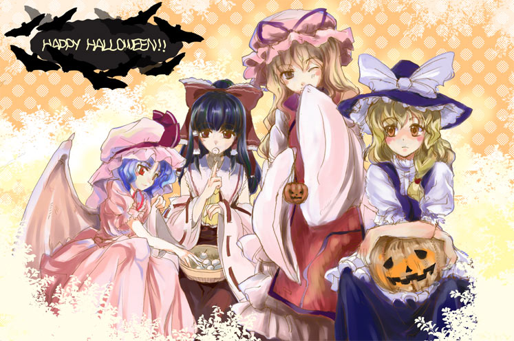 nanami sano, hakurei reimu, kirisame marisa, remilia scarlet, yakumo yukari, touhou, 4girls, blonde hair, female focus, halloween, happy halloween, hat, jack-o'-lantern, multiple girls, pumpkin, witch hat