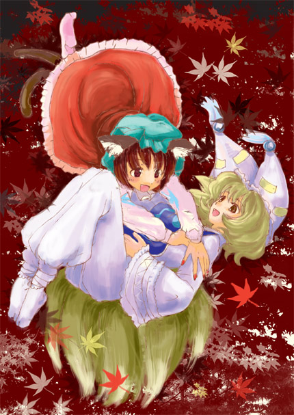 nanami sano, chen, yakumo ran, touhou, 2girls, :d, animal ears, animal hat, autumn leaves, blonde hair, brown eyes, brown hair, cat ears, cat girl, cat tail, dress, female focus, frills, hat, leaf, long sleeves, mob cap, multiple girls, multiple tails, nekomata, ofuda, open mouth, red dress, short hair, smile, socks, tabard, tail, two tails, wide sleeves