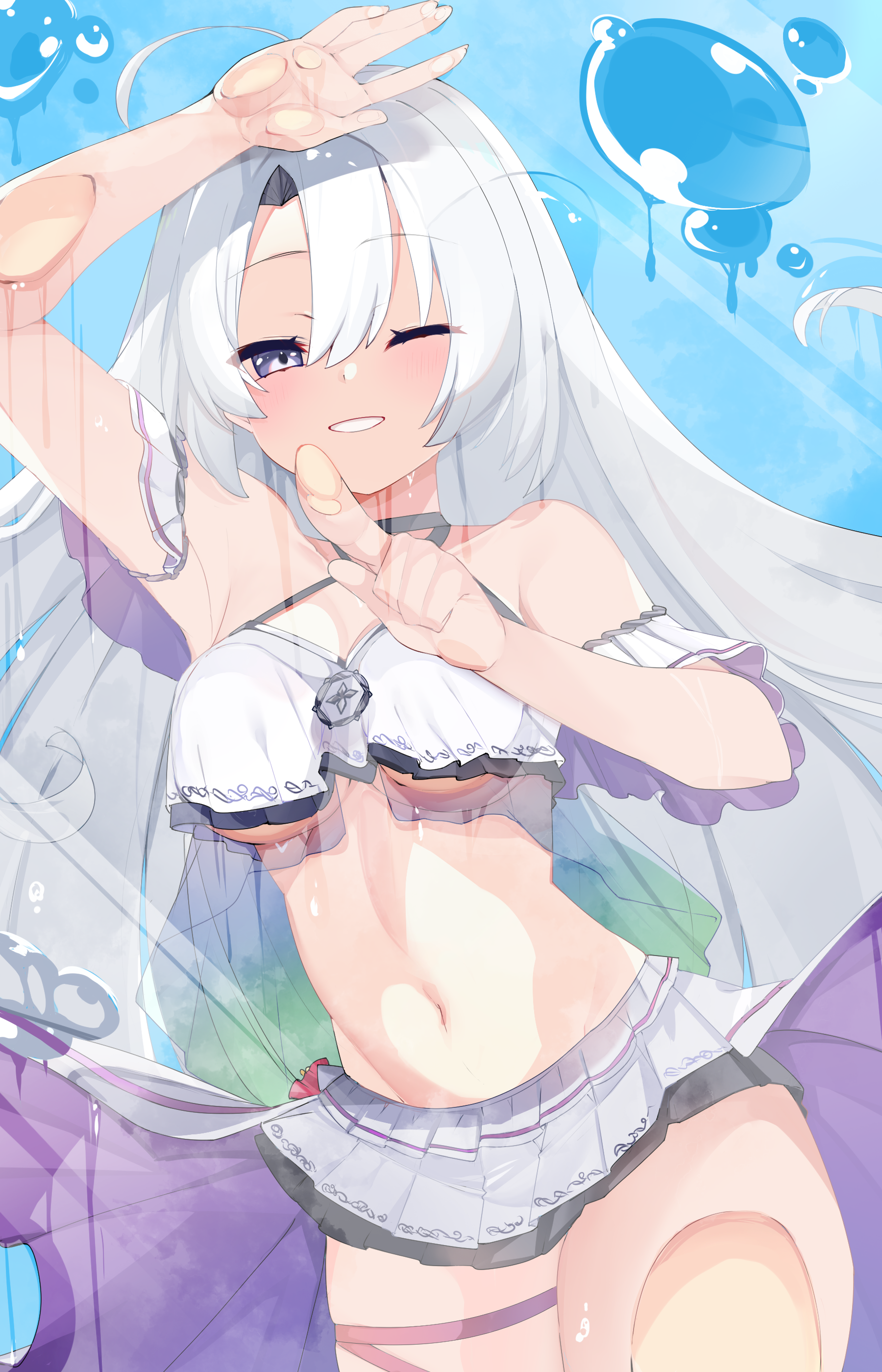yayoi asuka, kanon (duel masters), duel masters, duel masters play's, absurdres, highres, 1girl, ahoge, bare shoulders, bikini, blush, breasts, collarbone, grey eyes, grey hair, kanon (white wave) (duel masters), long hair, looking at viewer, medium breasts, miniskirt, one eye closed, parted lips, skirt, swimsuit, very long hair, white bikini