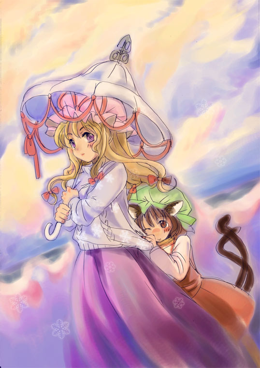 nanami sano, chen, yakumo yukari, touhou, 2girls, alternate costume, animal ears, blonde hair, blue eyes, cat ears, cat girl, cat tail, female focus, hat, multiple girls, multiple tails, parasol, sweater, tail, umbrella