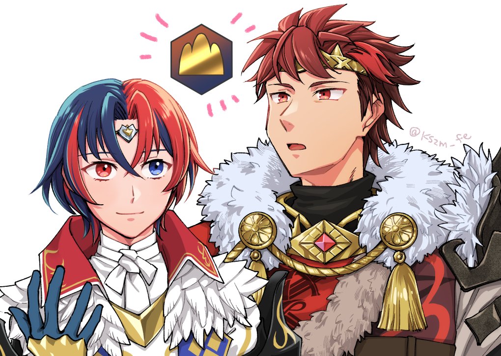 kszm fe, diamant (fire emblem), diamant (fortified king) (fire emblem), male alear (engaging fire) (fire emblem), male alear (fire emblem), fire emblem, fire emblem engage, nintendo, 2boys, blue eyes, blue gloves, blue hair, crossed bangs, gloves, hair between eyes, heterochromia, male focus, multicolored hair, multiple boys, official alternate costume, prince, red eyes, red hair, split-color hair, two-tone hair