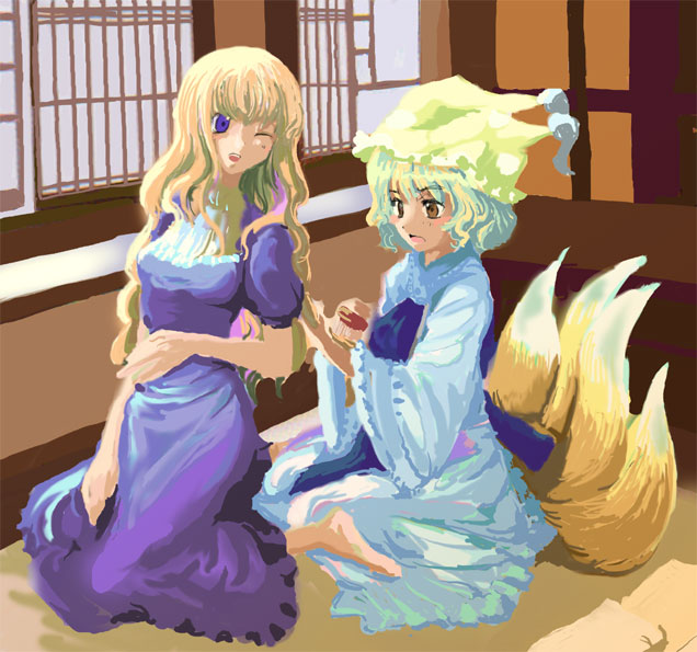 nanami sano, yakumo ran, yakumo yukari, touhou, silver hair, 2girls, :d, animal hat, barefoot, blonde hair, dress, female focus, full body, hairdressing, hat, indoors, kneeling, long sleeves, mob cap, multiple girls, multiple tails, one eye closed, open mouth, puffy short sleeves, puffy sleeves, purple dress, short hair, short sleeves, sitting, sliding doors, smile, tail, wink
