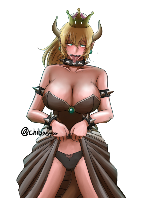 chiba shuusaku, bowsette, mario (series), new super mario bros. u deluxe, nintendo, 1girl, armlet, bare shoulders, blonde hair, blue eyes, bracelet, breasts, cleavage, collar, crown, dress, earrings, horns, jewelry, large breasts, long hair, ponytail, sharp teeth, solo, spiked armlet, spiked bracelet, spiked collar, spiked shell, spikes, super crown, teeth