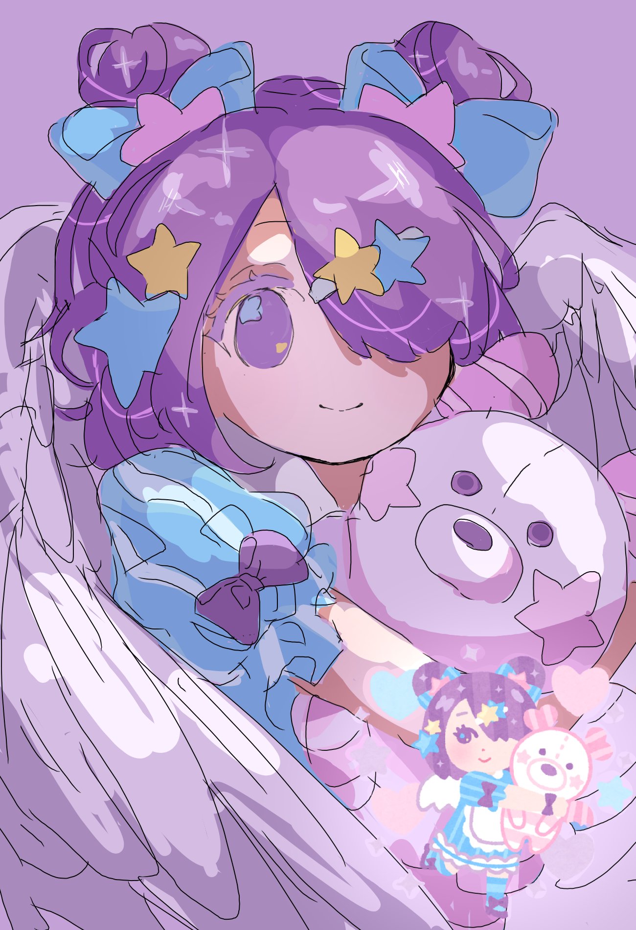 irasutoya, highres, 1girl, blue dress, closed mouth, double bun, dress, feathered wings, hair bun, hair ornament, hair over one eye, holding, holding stuffed toy, irasutoya challenge, kannpoyu, looking at viewer, purple eyes, purple hair, reference inset, short sleeves, smile, star (symbol), star hair ornament, stuffed toy, wings