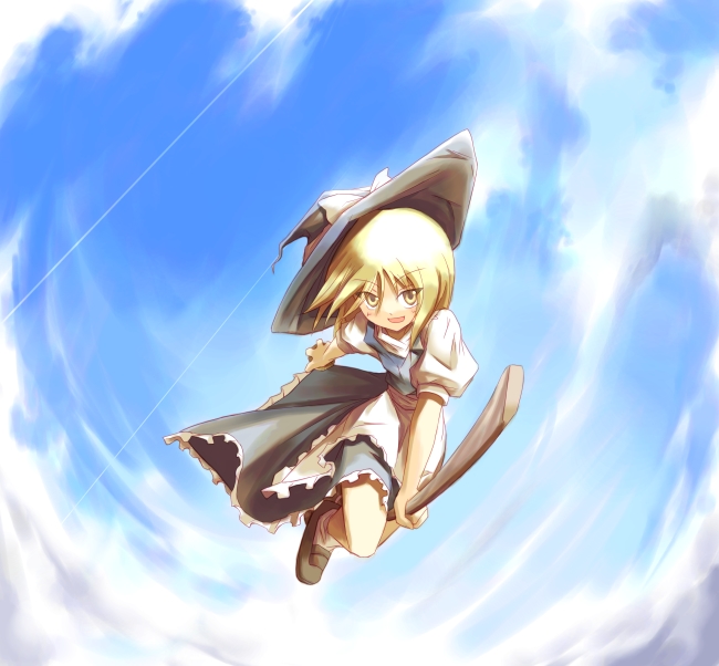 sorano eika, kirisame marisa, touhou, eyebrows, 1girl, :d, apron, black hat, black skirt, black vest, blonde hair, blue sky, bow, broom, broom riding, brown shoes, cloud, day, female focus, flying, frilled apron, frills, hair between eyes, hair bow, hat, hat bow, holding, long hair, looking at viewer, open mouth, outdoors, puffy short sleeves, puffy sleeves, shirt, shoes, short sleeves, skirt, sky, smile, socks, solo, vest, waist apron, white apron, white bow, white shirt, white socks, witch hat, yellow eyes
