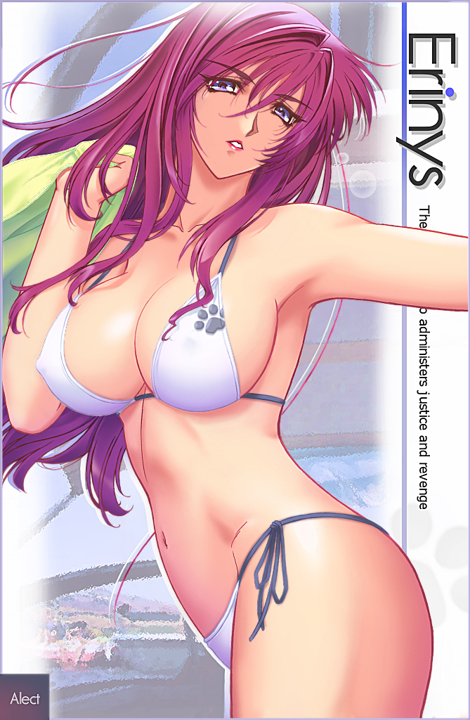 r1, original, armpits, bikini, breasts, cleavage, covered erect nipples, large breasts, lipstick, long hair, makeup, purple eyes, purple hair, side-tie bikini bottom, solo, swimsuit, white bikini
