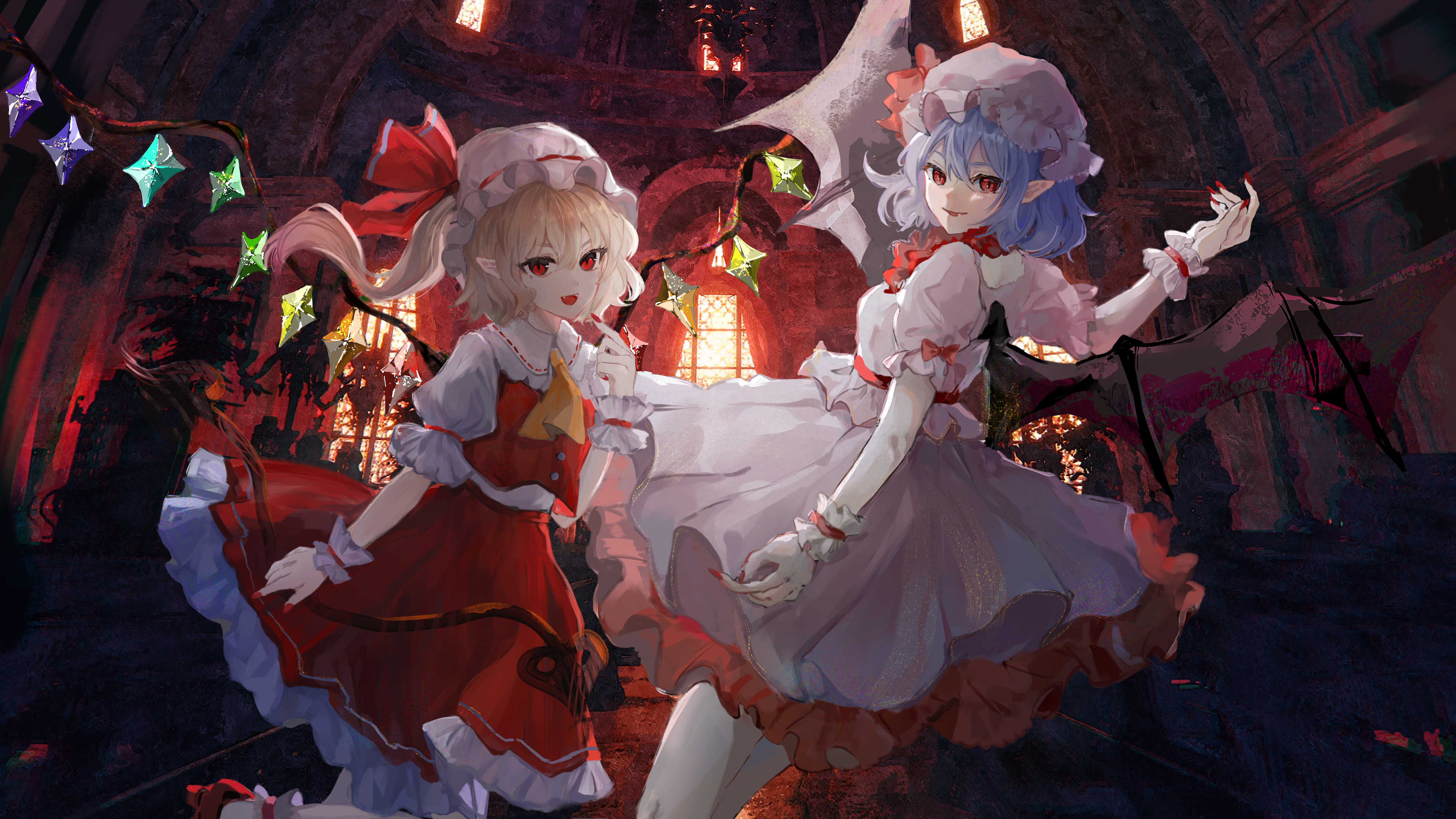 reinca 3, flandre scarlet, remilia scarlet, touhou, absurdres, commentary request, highres, 2girls, :d, ascot, bat wings, blonde hair, blue hair, bow, building, crystal wings, fang, feet out of frame, fingernails, frilled skirt, frilled wrist cuffs, frills, hand up, hat, hat bow, indoors, long fingernails, medium hair, mob cap, multicolored wings, multiple girls, open mouth, pink hat, pink shirt, pink skirt, pointing, pointing at self, pointy ears, puffy short sleeves, puffy sleeves, red bow, red eyes, red nails, red shoes, red skirt, red vest, shirt, shoes, short sleeves, side ponytail, skirt, slit pupils, smile, vest, white hat, white shirt, window light, wings, wrist cuffs, yellow ascot