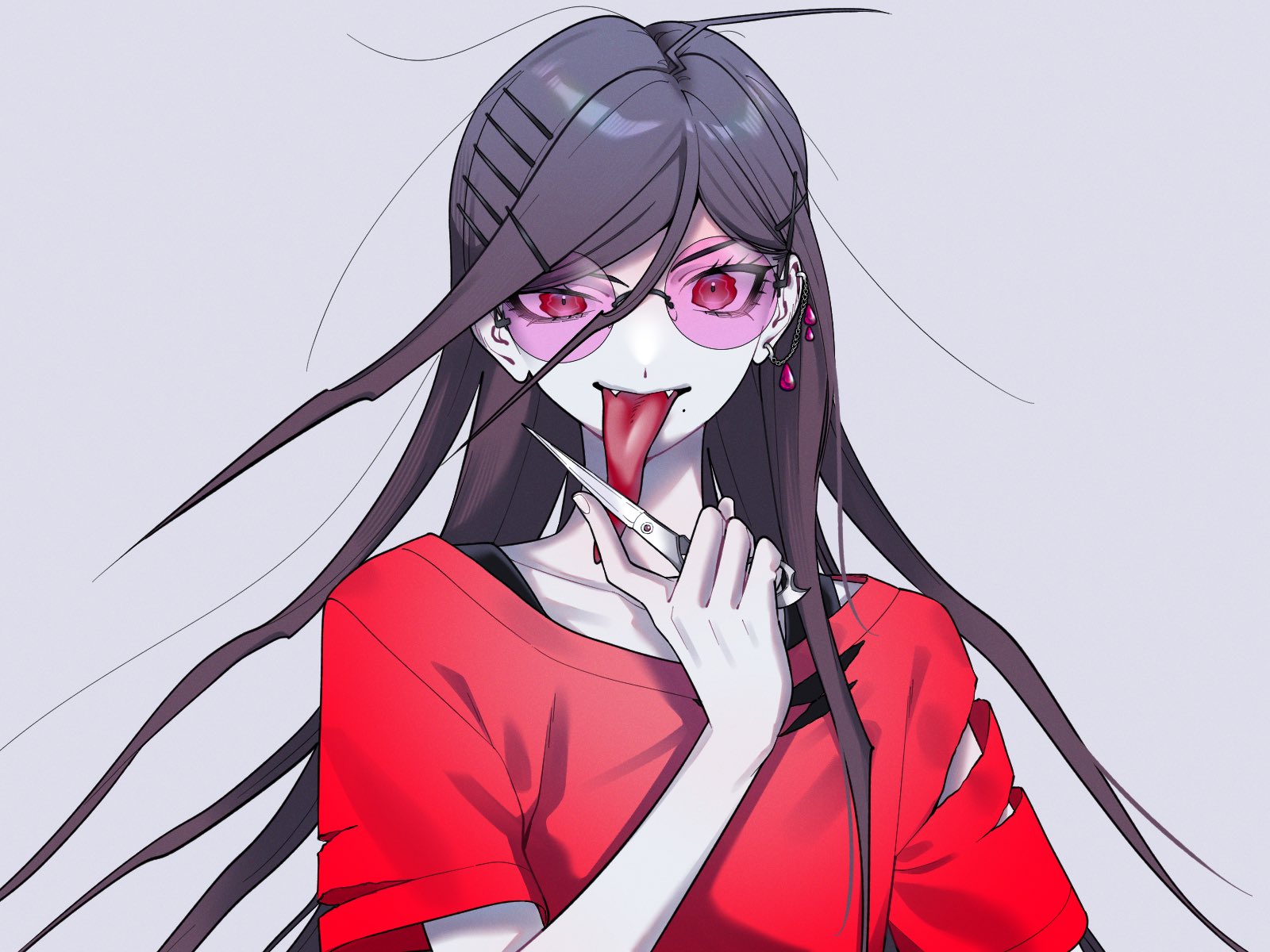 ling yun (amadare0803), fukawa toko, genocider shou, danganronpa (series), danganronpa another episode: ultra despair girls, commentary request, highres, 1girl, ahoge, alternate costume, earrings, eyelashes, fangs, fingernails, glasses, grey background, hair ornament, hairclip, holding, holding scissors, holding weapon, jewelry, long hair, long tongue, messy hair, mole, mole under mouth, purple hair, red-tinted eyewear, red shirt, round eyewear, scissors, shirt, short sleeves, simple background, single earring, smile, solo, tinted eyewear, tongue, tongue out, torn clothes, torn shirt, torn sleeves, upper body, weapon