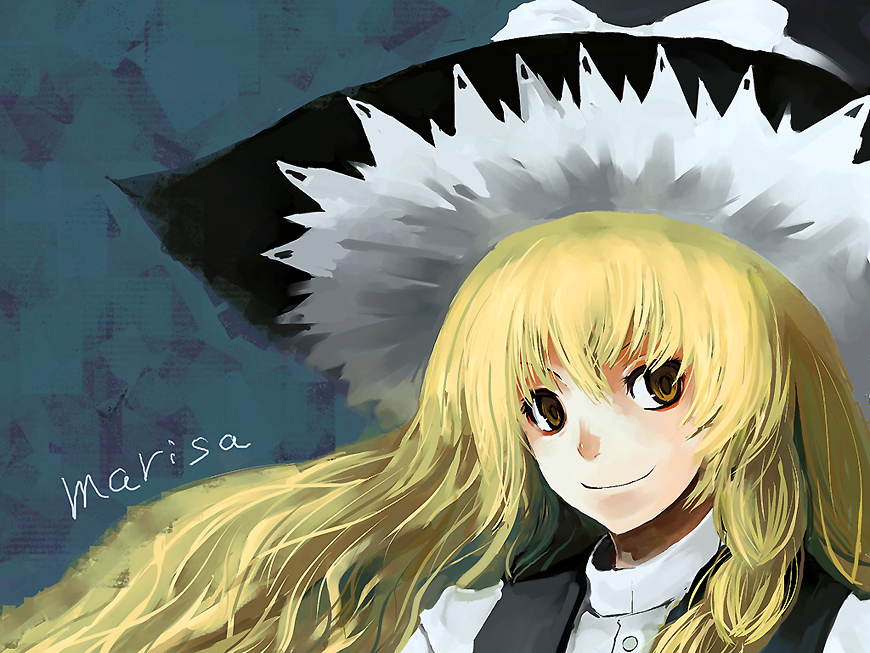 pos (shiratama-ya), kirisame marisa, touhou, 1girl, black hat, blonde hair, bow, braid, character name, closed mouth, female focus, hair bow, hat, hat bow, long hair, looking at viewer, orange eyes, portrait, shirt, single braid, smile, solo, turtleneck, white bow, white shirt, witch hat