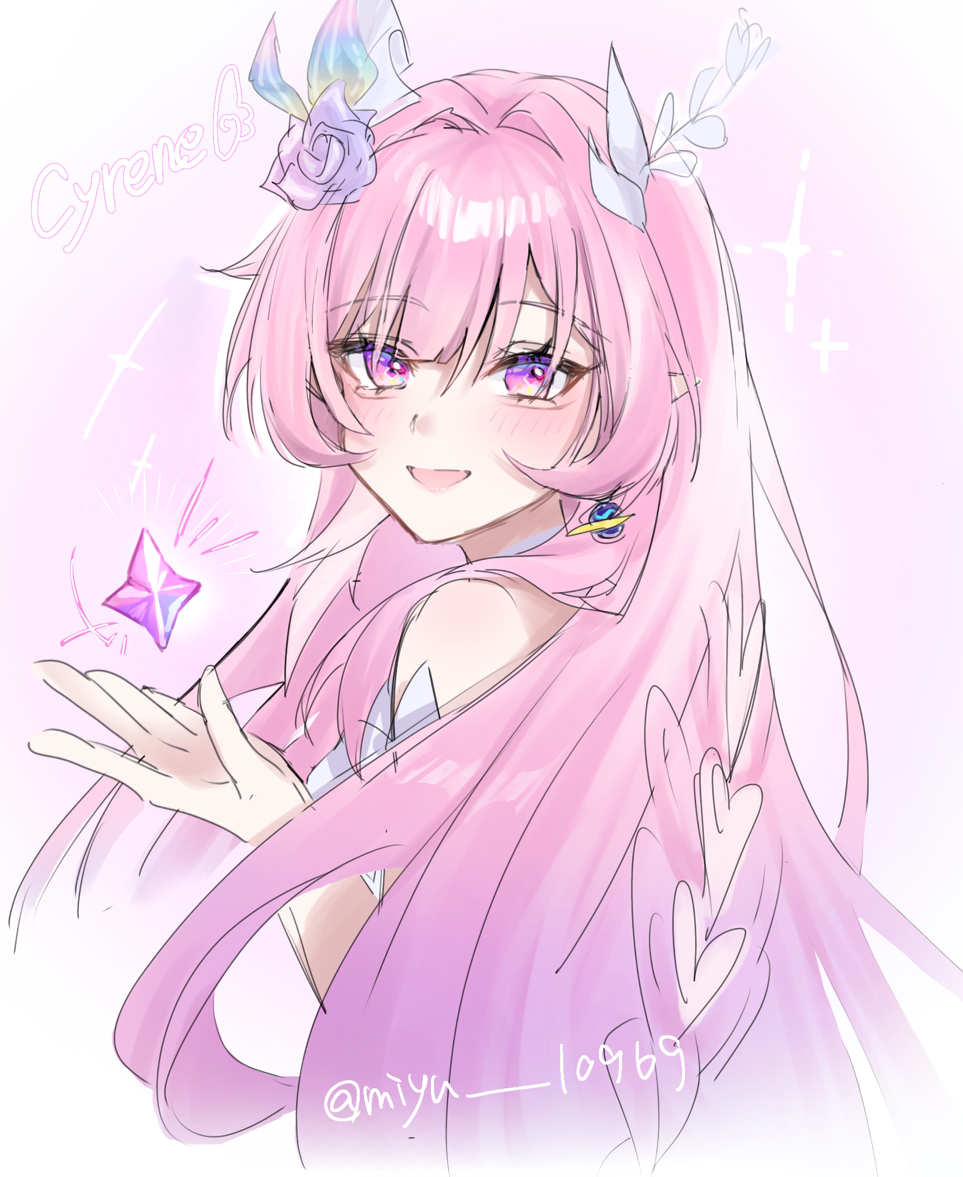 cyrene (honkai: star rail), honkai: star rail, honkai (series), absurdres, commentary request, highres, 1girl, breasts, cyrene (ripples of past reverie) (honkai: star rail), diamond-shaped pupils, diamond (shape), dress, earrings, flower, from side, hair flower, hair ornament, halo, jewelry, long hair, looking at viewer, medium breasts, miyu 10969, multicolored hair, pink hair, pointy ears, purple eyes, simple background, smile, solo, symbol-shaped pupils, twitter username, two-tone hair, very long hair, white dress, white hair