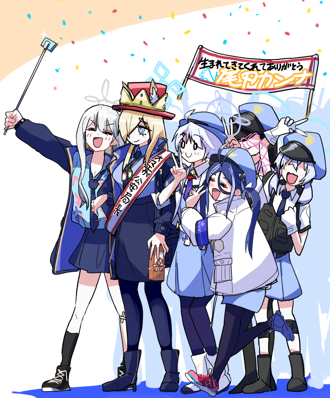 meetnox, fubuki (blue archive), kanna (blue archive), kirino (blue archive), konoka (blue archive), valkyrie police academy student (sg) (blue archive), blue archive, highres, 1girl, 6+girls, ahoge, animal ear fluff, animal ears, antenna hair, banner, blue eyes, blue hair, blue halo, blue shirt, braid, breasts, dog ears, dog girl, grey eyes, grey hair, hair over one eye, halo, happy birthday, hat, hawaiian shirt, jacket, long hair, long sleeves, mask, mouth mask, multicolored hair, multiple girls, notched ear, open mouth, peaked cap, red eyes, shirt, white mask