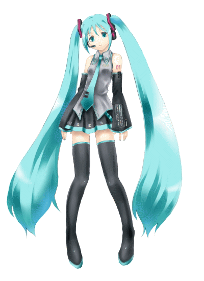 sabamu, hatsune miku, vocaloid, animated, animated gif, aqua necktie, arms at sides, black thighhighs, blinking, blouse, collared shirt, grey shirt, long hair, necktie, shirt, shoulder tattoo, sleeveless, sleeveless shirt, solo, tattoo, thighhighs, twintails, very long hair, white background, zettai ryouiki