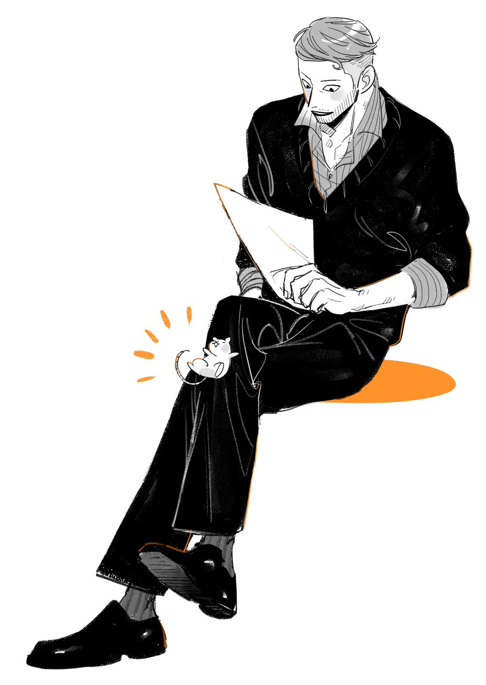 chanko neru, iceburg, tyrannosaurus (one piece), one piece, commentary request, highres, 1boy, beard, crossed legs, facial hair, hamster, holding, holding paper, notice lines, paper, shirt, sitting, smile, socks, striped clothes, striped shirt, striped socks, sweater, undercut, vertical-striped clothes, vertical-striped shirt, vertical-striped socks