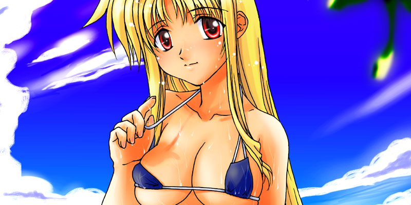 fate testarossa, lyrical nanoha, mahou shoujo lyrical nanoha, mahou shoujo lyrical nanoha strikers, 00s, 1girl, bikini, bikini top only, blonde hair, blue bikini, day, female focus, solo, swimsuit