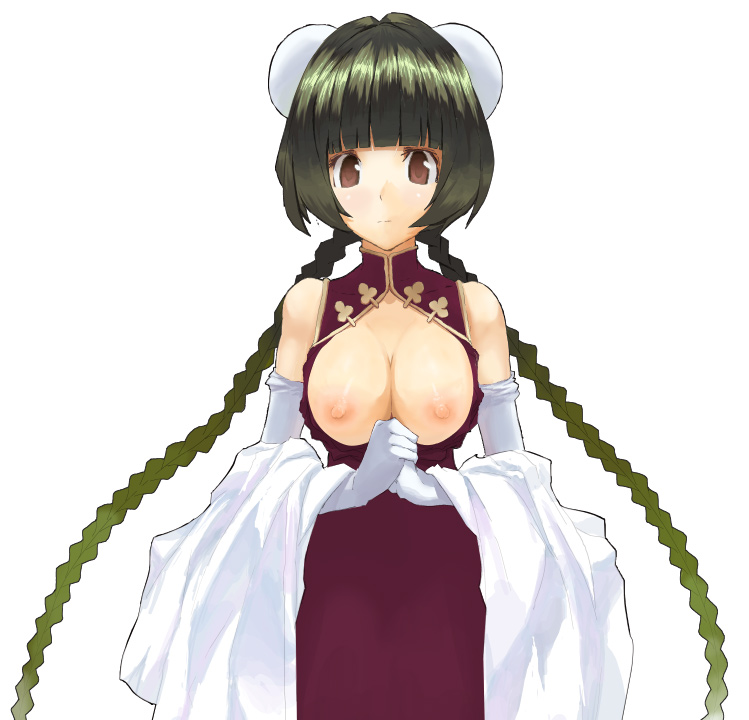 tsuki yuuhi, wang liu mei, gundam, gundam 00, 00s, 1girl, braid, breasts, breasts out, bun cover, china dress, chinese clothes, double bun, dress, elbow gloves, female focus, framed breasts, gloves, hair bun, nipples, open clothes, open shirt, own hands clasped, own hands together, shirt, simple background, solo, twin braids, white background