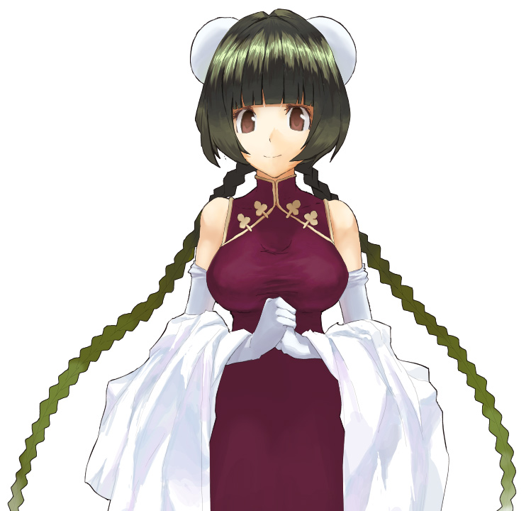 tsuki yuuhi, wang liu mei, gundam, gundam 00, 00s, 1girl, braid, breasts, bun cover, china dress, chinese clothes, double bun, dress, elbow gloves, female focus, gloves, hair bun, simple background, solo, twin braids