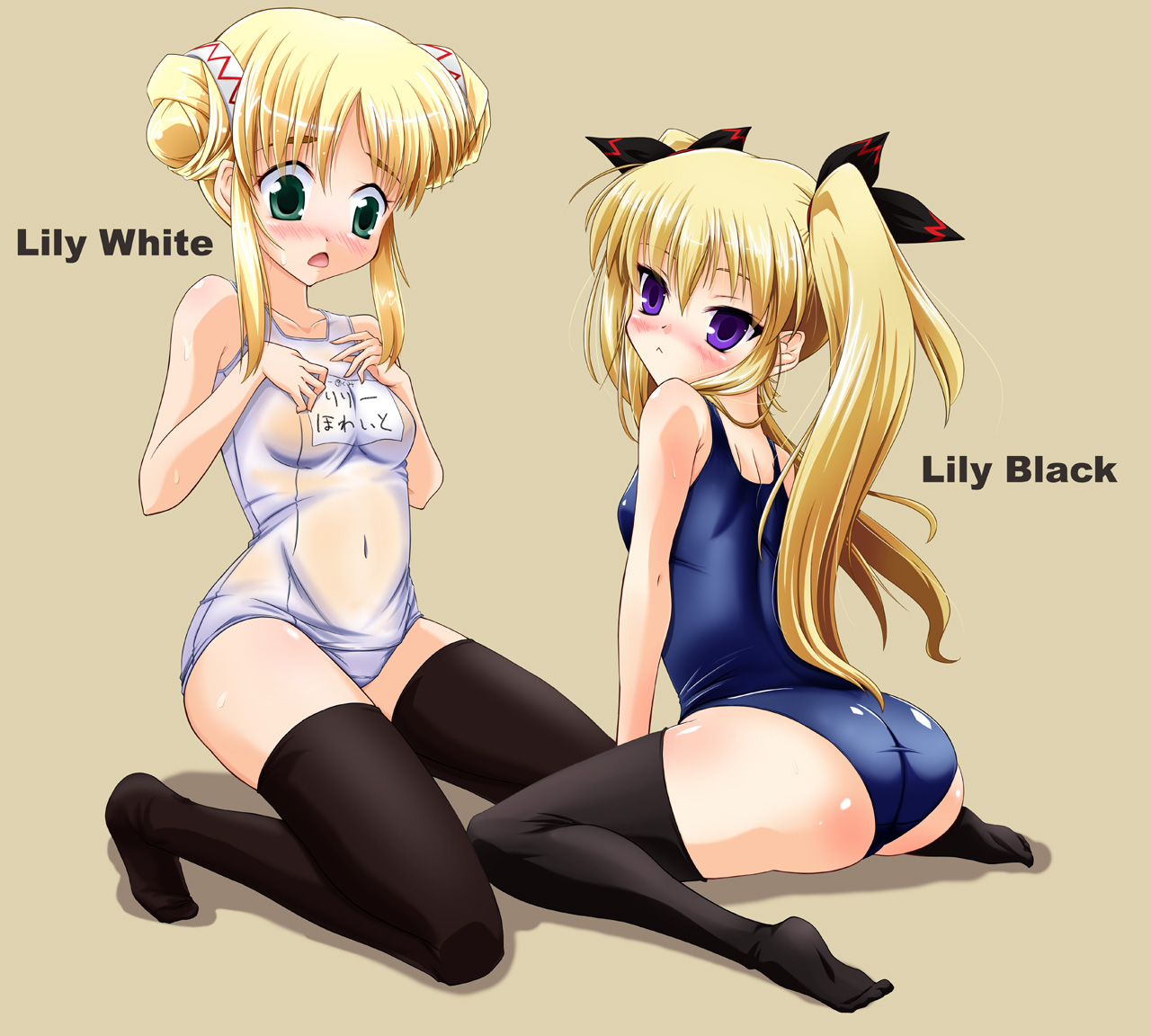 lily black, lily white, touhou, artist request, 2girls, alternate hairstyle, blush, dual persona, female focus, multiple girls, name tag, one-piece swimsuit, school swimsuit, swimsuit, tareme, thighhighs, tsurime, twintails