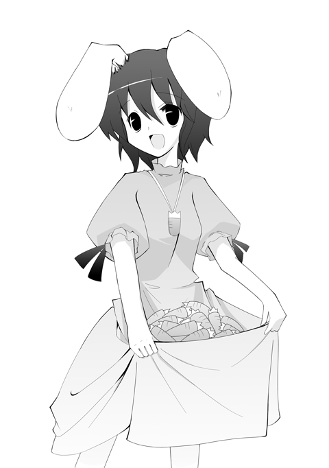 itose ikuto, inaba tewi, touhou, 1girl, carrot, dress, female focus, greyscale, monochrome, simple background, solo, white background