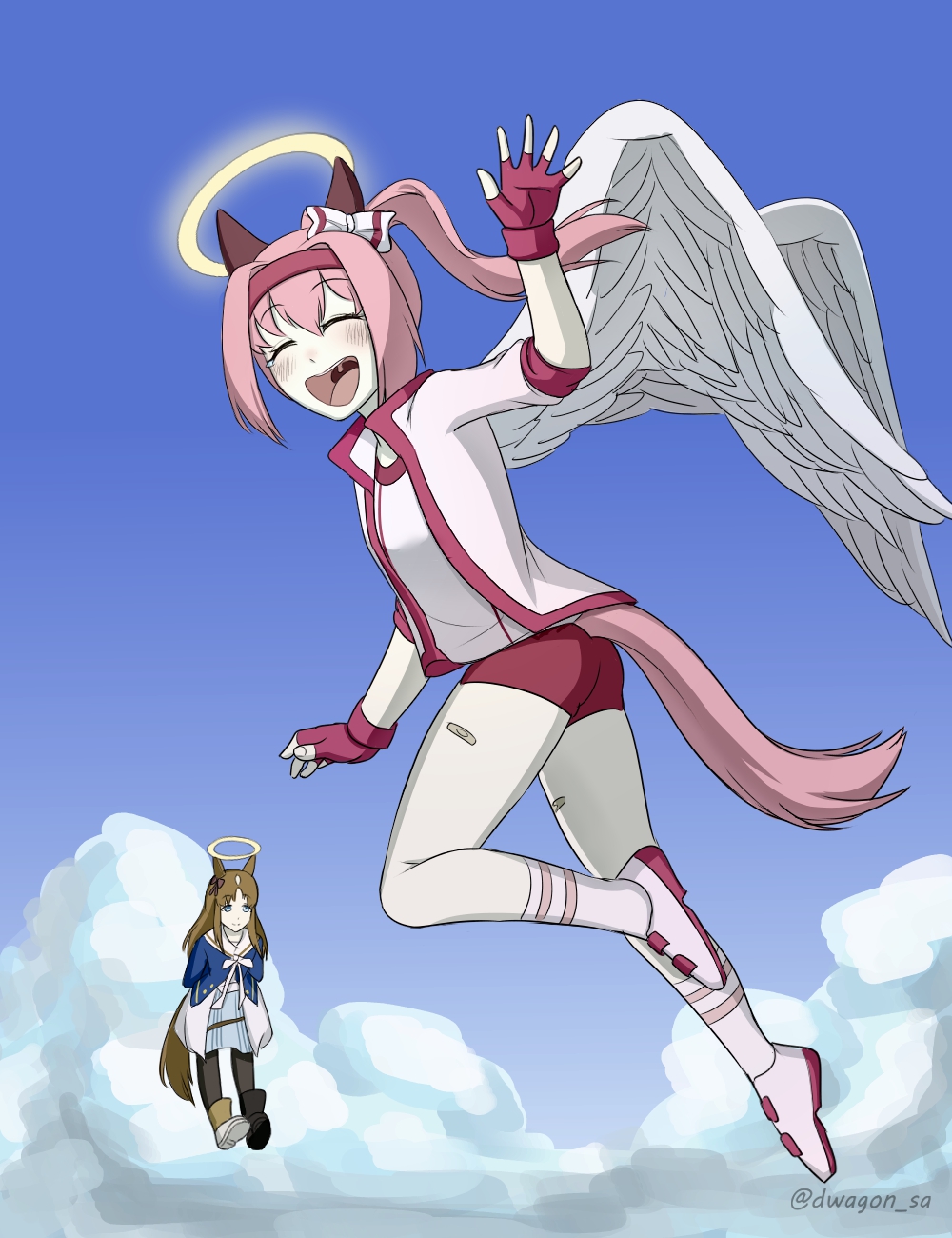wagon (dwagon sa), grass wonder (umamusume), haru urara (umamusume), umamusume, highres, 2girls, angel wings, animal ears, armband, asymmetrical footwear, bandaid, bandaid on leg, black pantyhose, blue eyes, blue jacket, blush, bow, brown hair, buruma, closed eyes, closed mouth, dress, ear bow, ear covers, ear ornament, ear ribbon, fingerless gloves, gloves, hairband, halo, haru urara (bestest prize) (umamusume), headband, horse ears, horse girl, horse tail, jacket, long hair, long sleeves, looking at viewer, mismatched footwear, multicolored hair, multiple girls, open mouth, pantyhose, pink buruma, pink hair, pink headband, ponytail, red armband, red buruma, red gloves, red headband, sailor collar, shirt, smile, socks, striped clothes, striped socks, tail, white bow, white dress, white hair, white jacket, white sailor collar, white shirt, wings