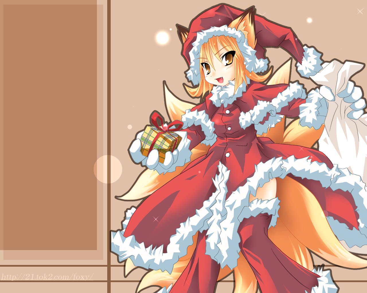 kazami karasu, 1girl, animal ears, bag, christmas, female focus, fox, fox ears, fox tail, fur (clothing), gift, gloves, holding, holding gift, kitsune, kyuubi, leg warmers, multiple tails, sack, santa costume, solo, tail, thighhighs, zettai ryouiki