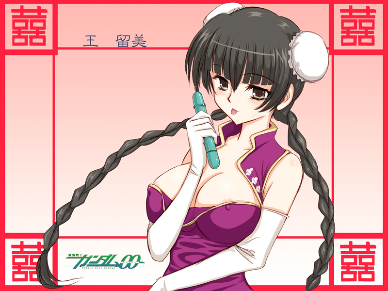 niwatori kokezou, wang liu mei, gundam, gundam 00, 00s, braid, breasts, bun cover, cleavage, double bun, elbow gloves, gloves, hair bun, huge breasts, nipples, solo, twin braids