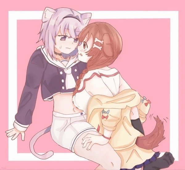 aiokosaio, inugami korone, inugami korone (1st costume), inugami korone (dog), nekomata okayu, nekomata okayu (1st costume), nekomata okayu (school uniform), hololive, animal ears, cat, cat ears, cat girl, cat tail, dog, dog ears, dog girl, dog tail, hololive idol uniform (origin), implied yuri, nekomata, tail, yubi yubi (inugami korone), yuri