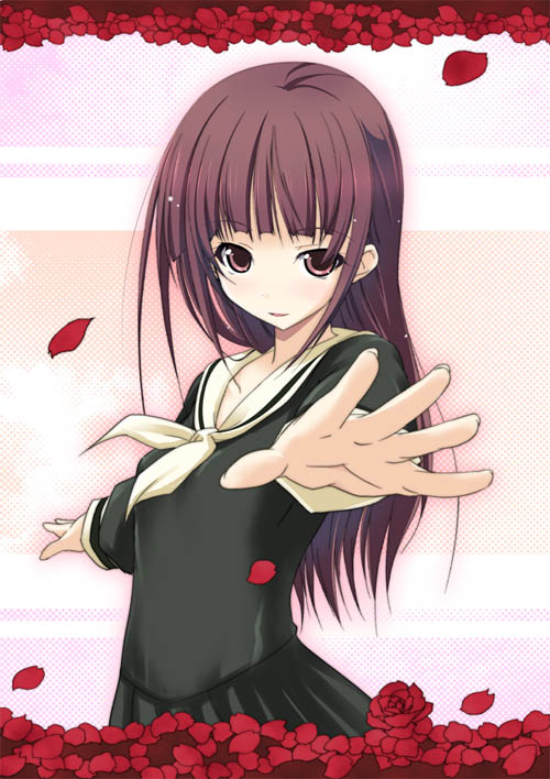 shiwo, matsudaira touko, maria-sama ga miteru, 00s, 1girl, alternate hairstyle, female focus, foreshortening, hair down, long hair, school uniform, serafuku, solo