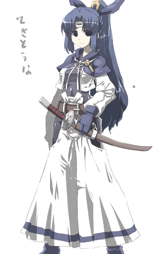 tokyo (great akuta), asakura ryoko, suzumiya haruhi no yuuutsu, 00s, 1girl, belt, blue eyes, blue hair, female focus, gloves, hakama, hakama skirt, headband, japanese clothes, matching hair/eyes, ponytail, samurai, simple background, skirt, solo, standing, sword, weapon, white background