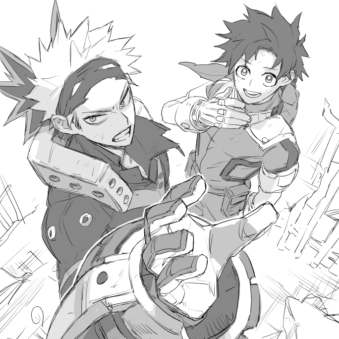11mtri, bakugou katsuki, midoriya izuku, boku no hero academia, commentary request, 2boys, arm up, belt, clenched teeth, freckles, gloves, greyscale, hand on own chest, jacket, looking at viewer, looking to the side, male focus, mask lift, monochrome, multiple boys, pouch, sanpaku, sketch, smile, standing, superhero costume, teeth