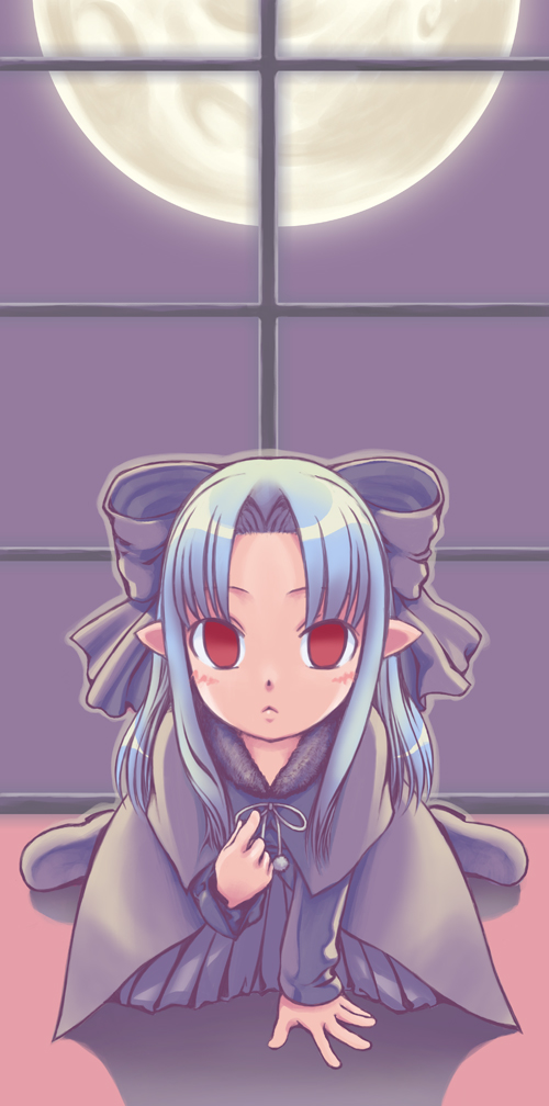 murakumo takeru, len (tsukihime), tsukihime, silver hair, 00s, 1girl, black dress, black socks, capelet, dress, female focus, full body, full moon, kneehighs, kneeling, leaning forward, long sleeves, looking at viewer, moon, parted bangs, pointy ears, red eyes, short hair, socks, solo