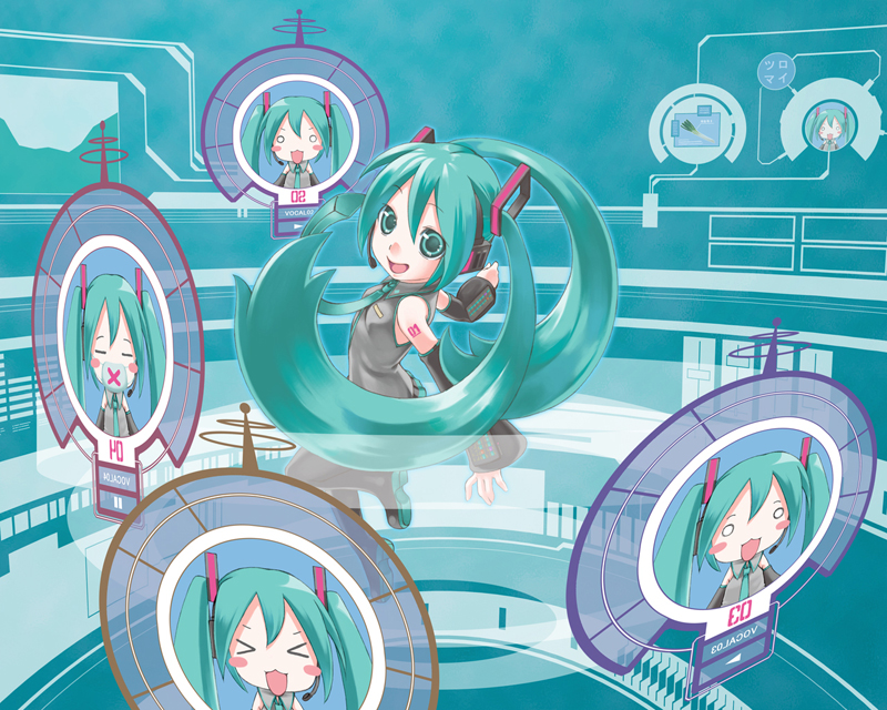 murakumo takeru, hatsune miku, vocaloid, 1girl, aqua background, aqua hair, arms at sides, blouse, collared shirt, female focus, grey shirt, long hair, shirt, shoulder tattoo, solo, tattoo, thighhighs, twintails, very long hair