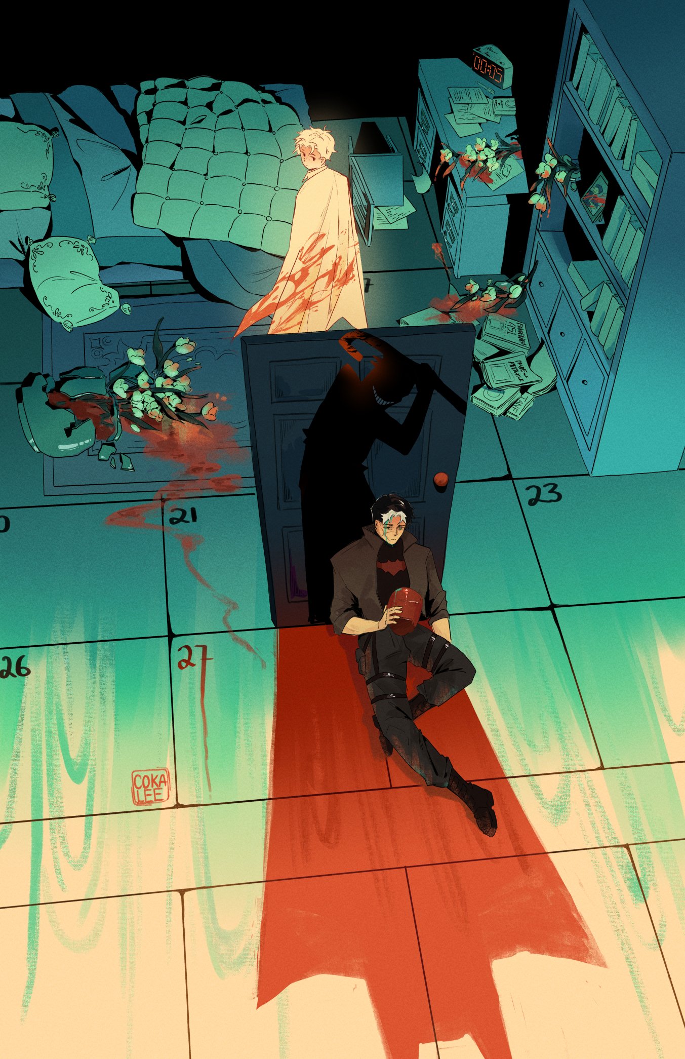 jason todd, red hood (dc), robin (dc), the joker, batman (series), dc comics, highres, bat signal, batman symbol, black bodysuit, black gloves, black hair, blue eyes, bodysuit, brown jacket, cape, cokaleee, domino mask, gloves, grey bodysuit, holding, jacket, male focus, mask, multicolored hair, multiple boys, muscular, muscular male, open clothes, pants, red hood and the outlaws, red mask, short hair, superhero costume, taut bodysuit, two-tone bodysuit, yellow cape