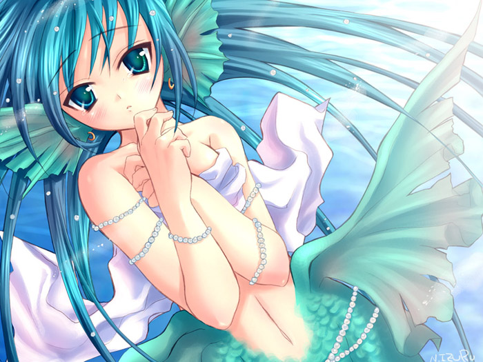 nekou izuru, 1girl, blue eyes, blue hair, earrings, female focus, fins, gem, hand on own chest, head fins, jewelry, long hair, looking at viewer, matching hair/eyes, mermaid, monster girl, pearl (gemstone), solo, underwater
