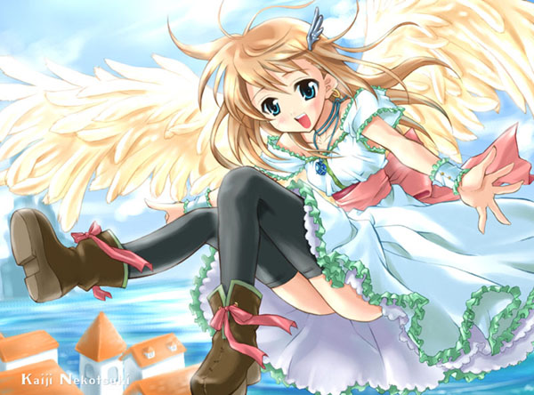 nekou izuru, original, resized, 1girl, :d, blue eyes, brown hair, dress, female focus, long hair, open mouth, ribbon, smile, solo, thighhighs, wings, zettai ryouiki