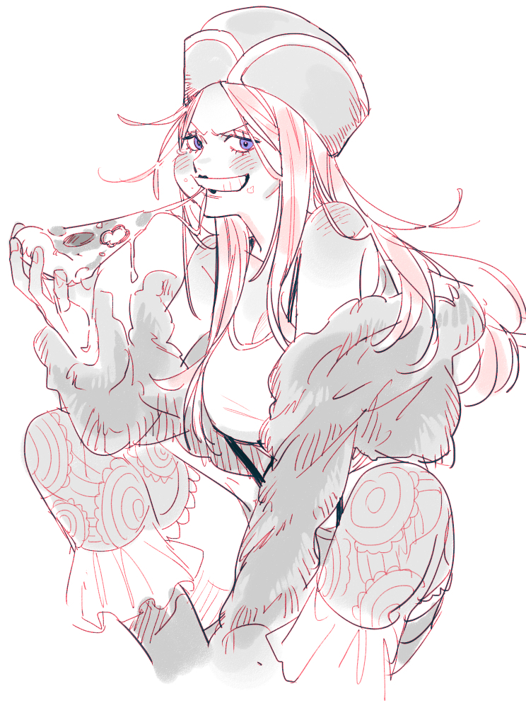 chanko neru, jewelry bonney, one piece, commentary request, 1girl, anti-eyebrow piercing, blush, eating, eyelashes, face piercing, food, hat, holding, holding food, long hair, piercing, pink hair, purple eyes, simple background, solo, suspenders, thighhighs