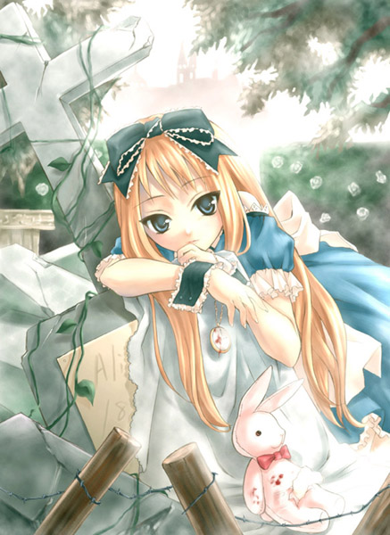 nekou izuru, alice (alice in wonderland), white rabbit (alice in wonderland), alice's adventures in wonderland, blonde hair, blue eyes, cross, cuffs, doll, dress, latin cross, pocket watch, ribbon, watch