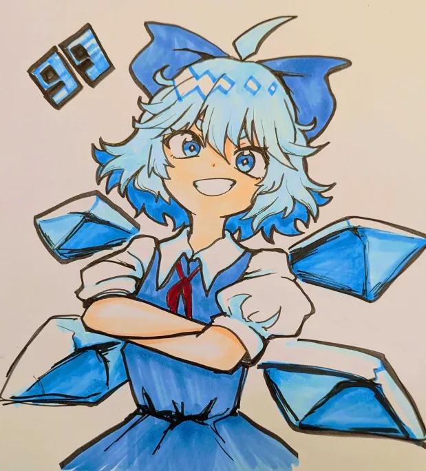 jazonyan, cirno, touhou, traditional media, 1girl, blue dress, blue eyes, blue hair, bow, cirno day, crossed arms, detached wings, dress, fairy, hair bow, ice, ice wings, looking at viewer, pinafore dress, puffy short sleeves, puffy sleeves, short sleeves, simple background, sleeveless, sleeveless dress, smile, smug, solo, thick eyebrows, white background, wings