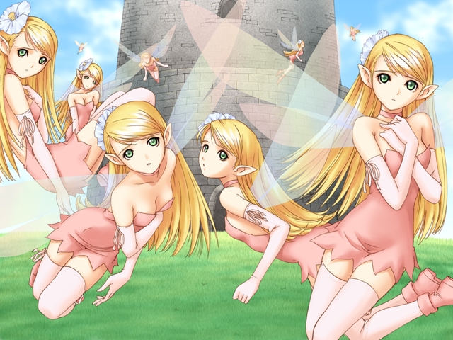 tony taka, primo, primo (arcana), arcana, game cg, 6+girls, blonde hair, boots, castle, choker, dress, elbow gloves, fairy, flower, gloves, green eyes, hair flower, hair ornament, long hair, mini person, minigirl, multiple girls, thighhighs, tower, wings, zettai ryouiki