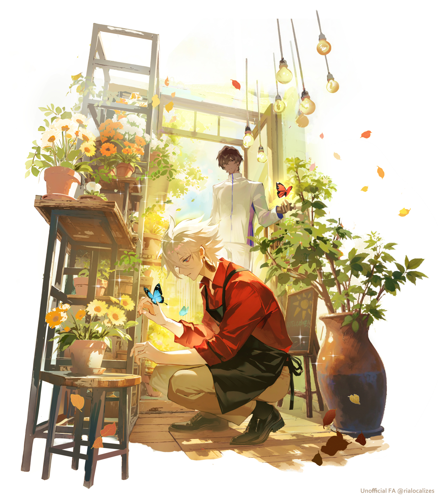 newstarbegin, arjuna (fate), karna (fate), fate/grand order, fate (series), highres, 2boys, black hair, bug, butterfly, dark-skinned male, dark skin, earrings, flower, indian clothes, insect, jewelry, male focus, multiple boys, plant, white hair